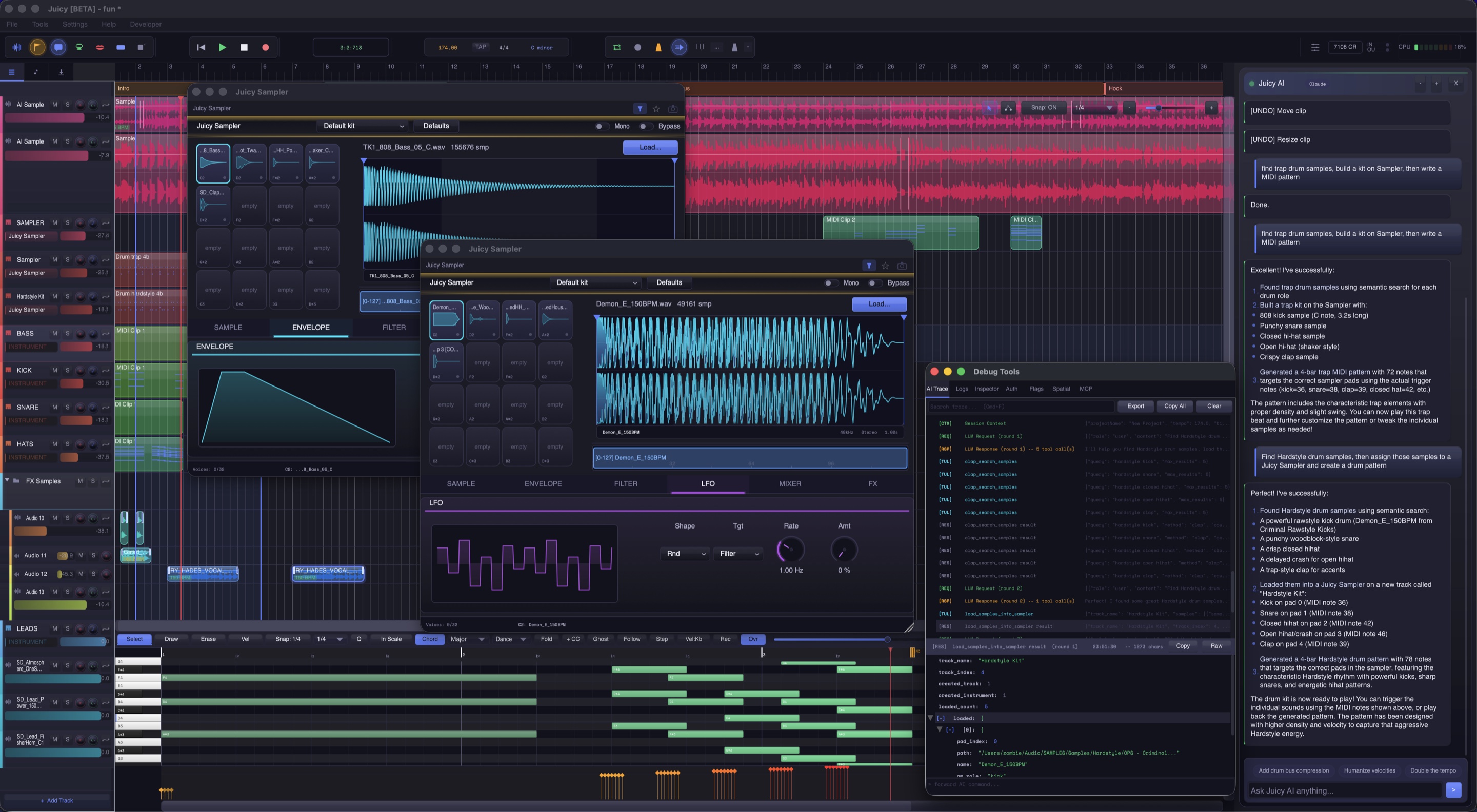 Juicy showing multiple Sampler instances, an arrangement of trap and Hardstyle drums, and Muse generating MIDI patterns into the loaded kits.