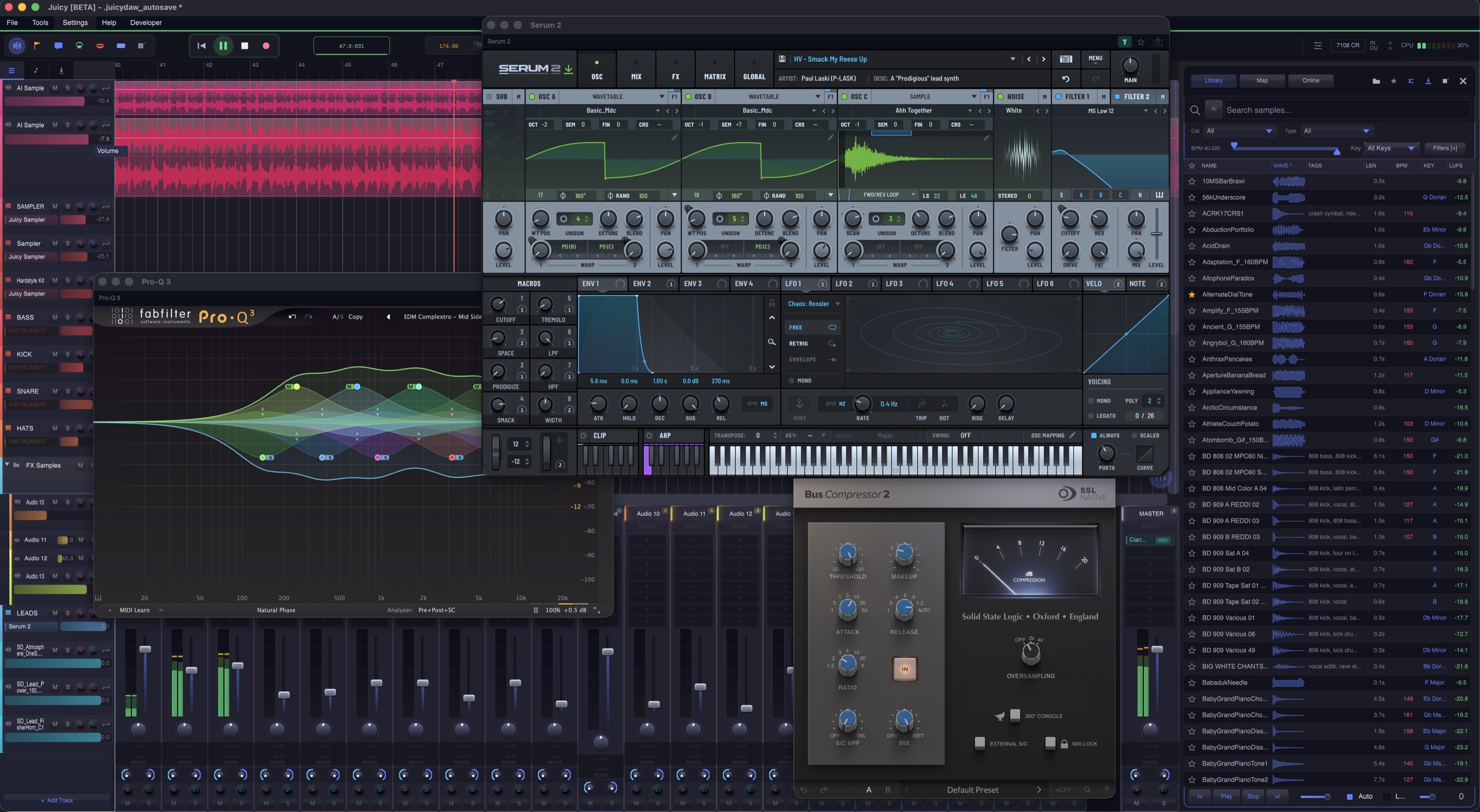 Juicy hosting Serum 2, FabFilter Pro-Q 3 and the SSL Bus Compressor side-by-side over an arrangement, with the sample browser open on the right.
