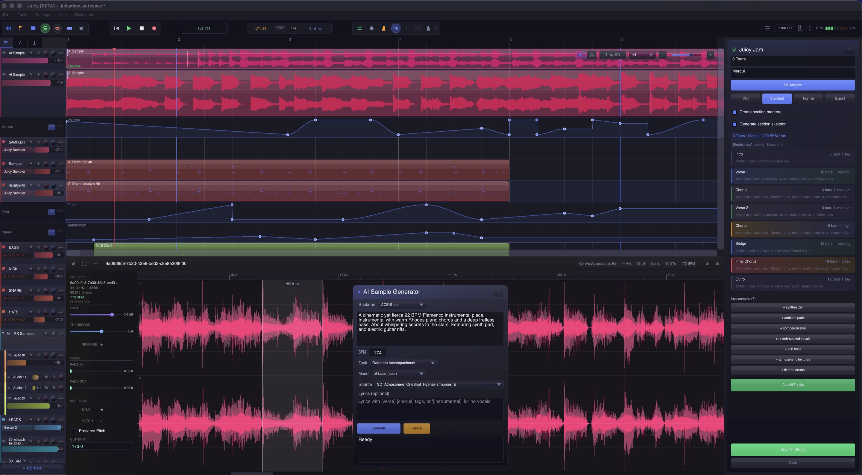 Juicy's arrangement view with automation lanes, the Juicy Jam panel mapping out song sections, and the AI Sample Generator authoring a flamenco-jazz instrumental.